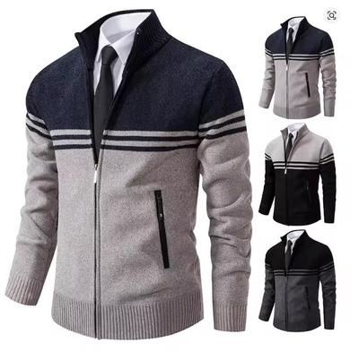 Men's Autumn and Winter Sweater Thick Fleece Warm Sweater Casual Stand Collar Zipper Cardigan Fashion Striped Coat