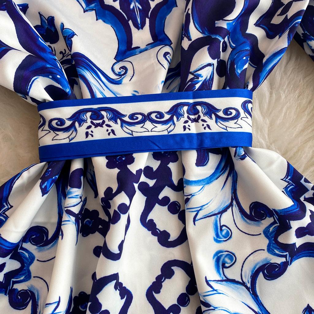 Jaro Podzim Runway Žlutá Červená Modrá a Bílá Porcelánový potisk Župan Dámské Rozevlátý Rukáv Šněrovací Pásek Maxi Společenské šaty