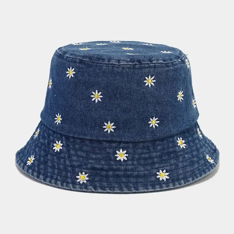 Daisy Embroidered Denim Fisherman Hats Spring and Summer Versatile Basin Hat Outdoor Travel Sun Caps Women Hat