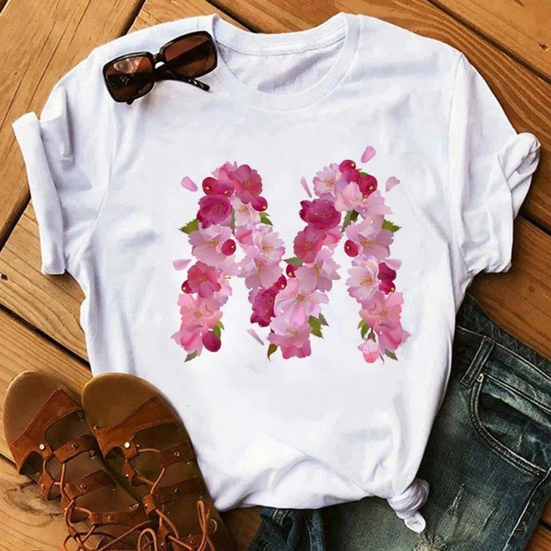 26 Letters Print T-Shirt Alphabet with Pink Flower Harajuku White Graphic Tee Casual Short Sleeve Lady Y2k Tops Women's Clothing