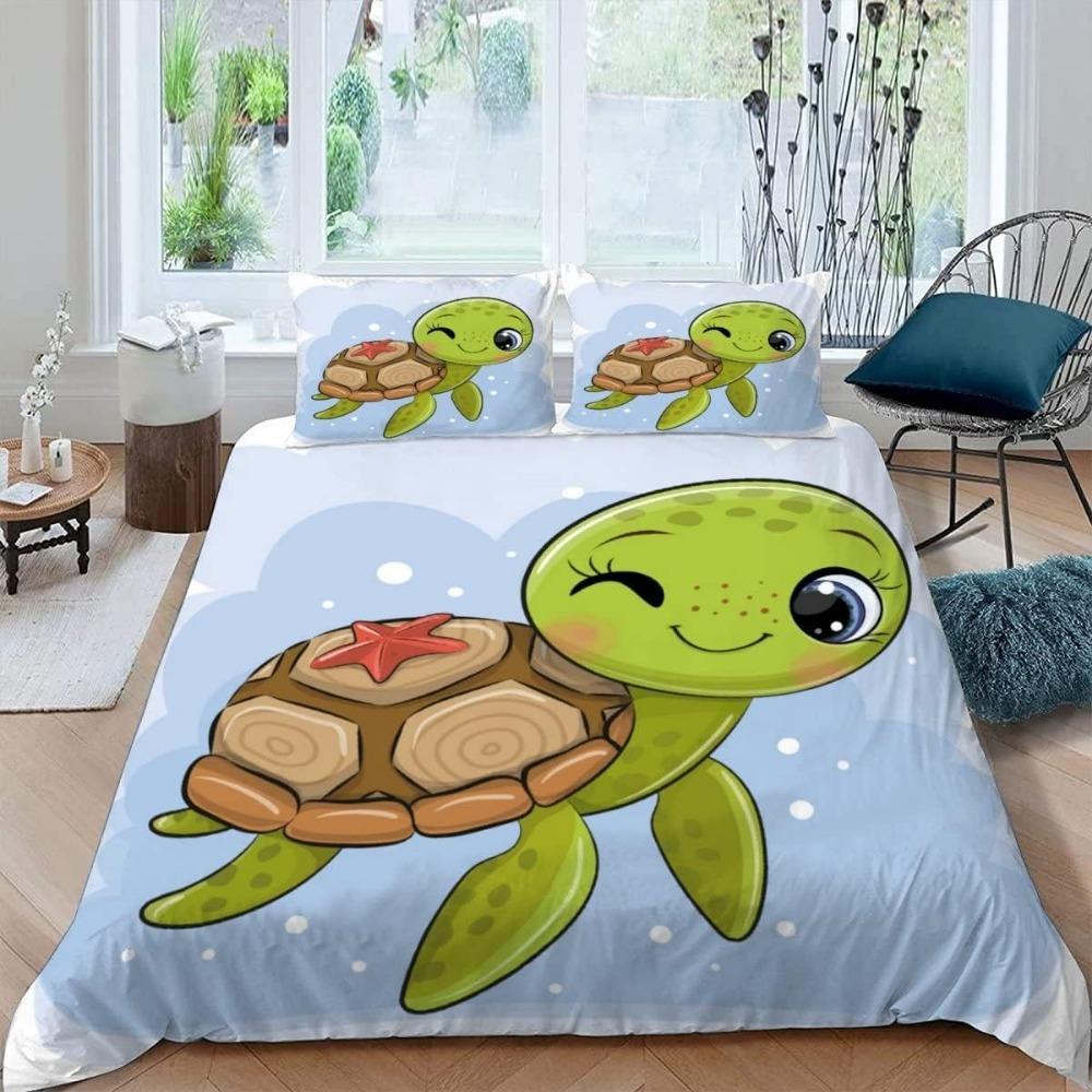 Cute Turtle Children's Bed Cartoon Animal Soft Microfiber Duvet Cover with Zipper Boy and Girl Bedding Set Adult Bedding