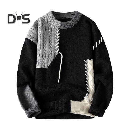 

Осень-зима мужской свитер с цветными блоками, срезами, с круглым вырезом, свободный вязаный пуловер, толстый теплый свитер с низом, повседневная одежда, работа, свидание, свитер L серый