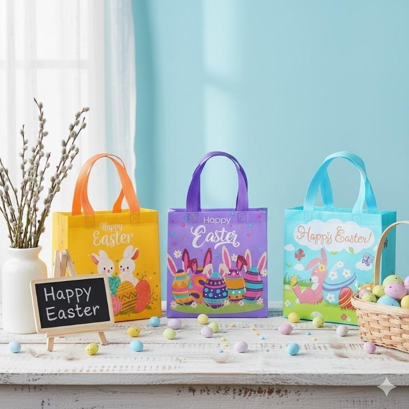 Non Woven Easter Tote Bag Large Dustproof Moistureproof Bunny Egg Print Gift Bag Foldable Shopping Bag Party Gift Storage Bag