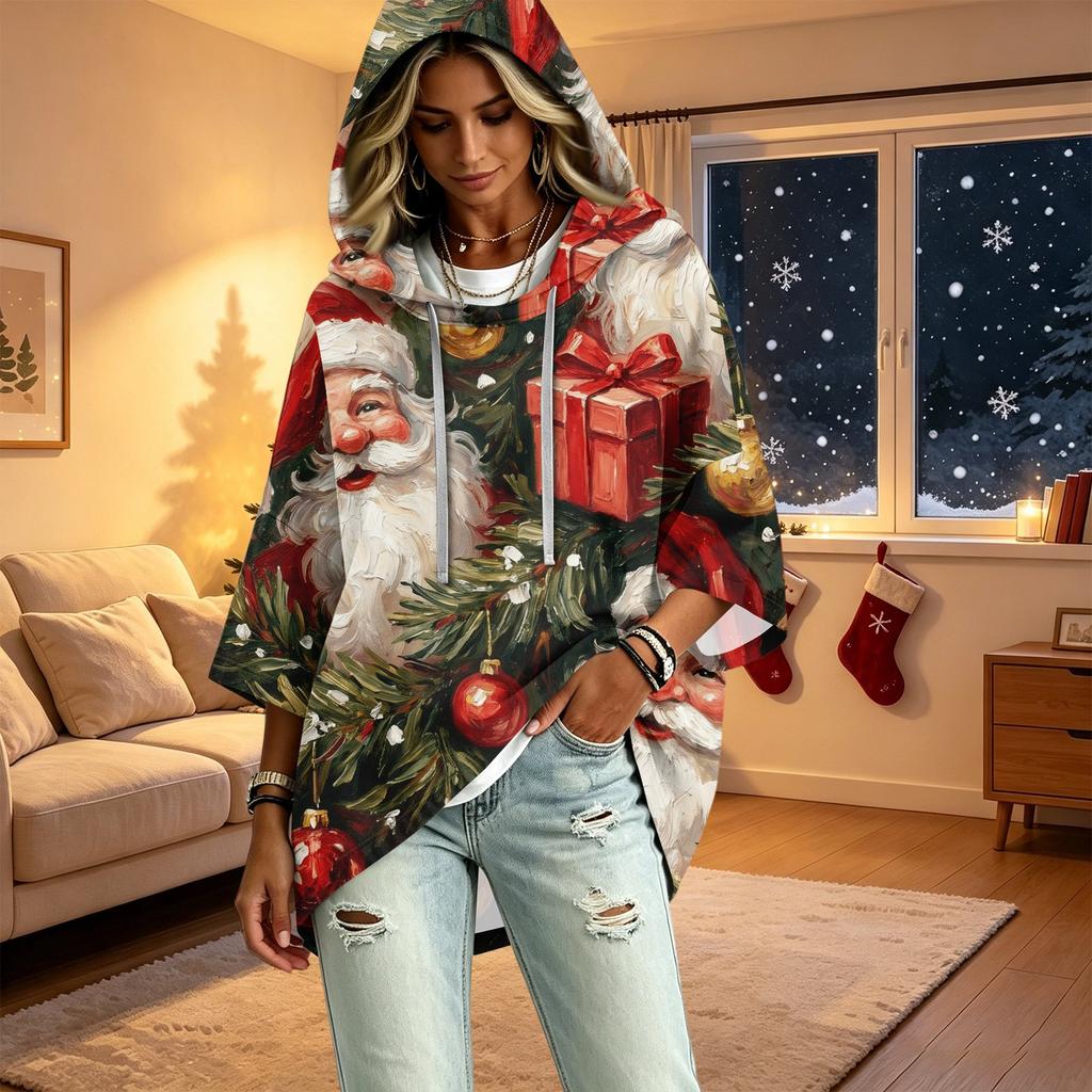 Women's 3/4 Sleeve Christmas Print Hooded Pullover Top Casual Holiday Outfit