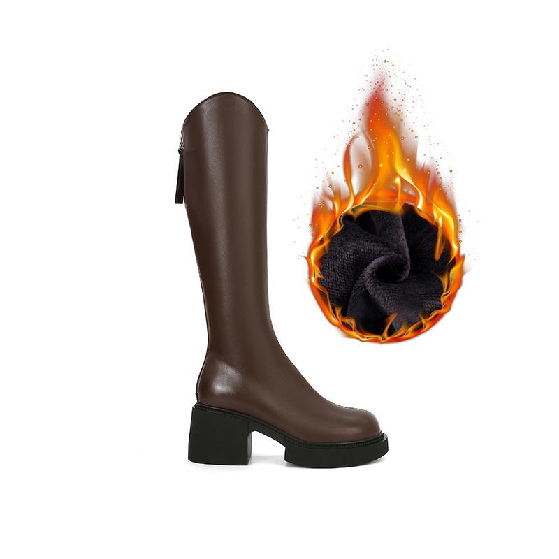 Black V-mouth Women's Long Boots Round Head 7CM Square Heel Heightening Knee-High Boots Fashion Sewing Rear Zipper Women Shoes