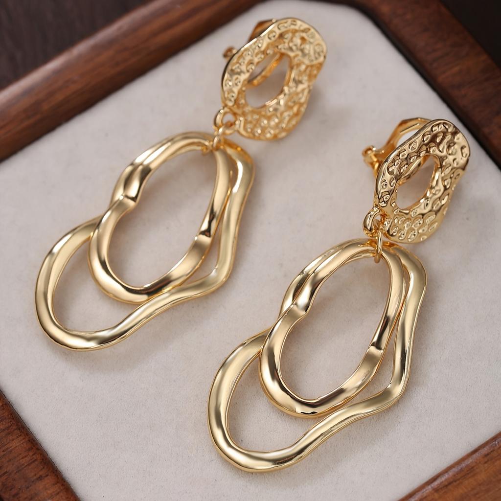 Vintage Modern Elegant Women's Long Dangle Earrings, Clips with Minimalist Retro Design Textured Finish Everyday & Party Jewelry