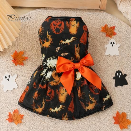 Halloween Hundekleid Lustiges Kleid, Kürbis Fledermaus Spinne Geist Aufdruck Haustier Kleines Outfit Bekleidung, Welpenrock mit Schleife für Hunde, Katzen Nicht kratzende Kleidung