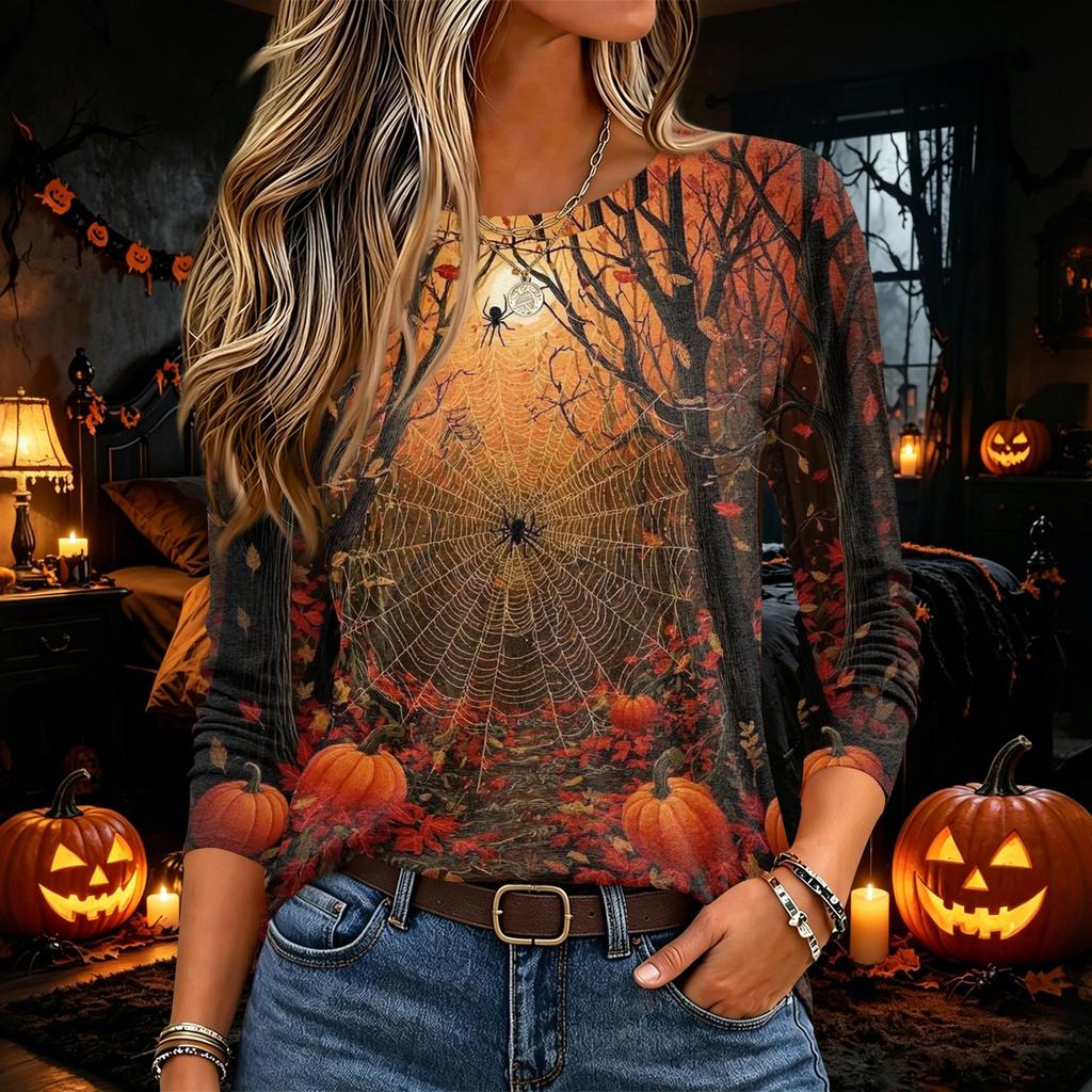 Women's Halloween Print Long Sleeve Neck Pullover T-Shirt for Fall