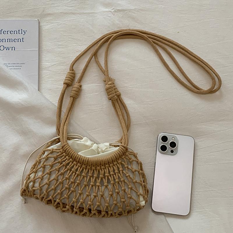 Yogodlns Summer Woven Net Shoulder Bag for Women Beach Hollow Out Crossbody Bag Retro Bohemian Vacation Daily Use Purse