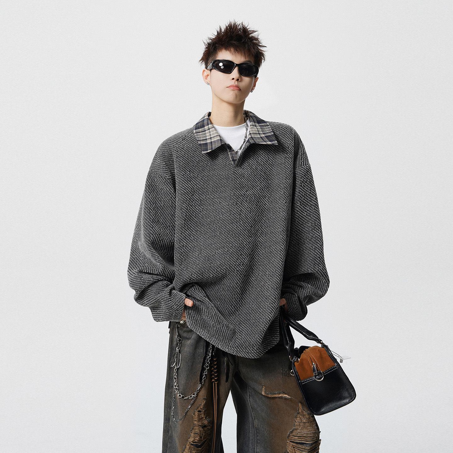 

Men s Autumn Patchwork Knit Polo Hoodie - Old Money Style, Fake Two-Piece Long Sleeve M сірий колір