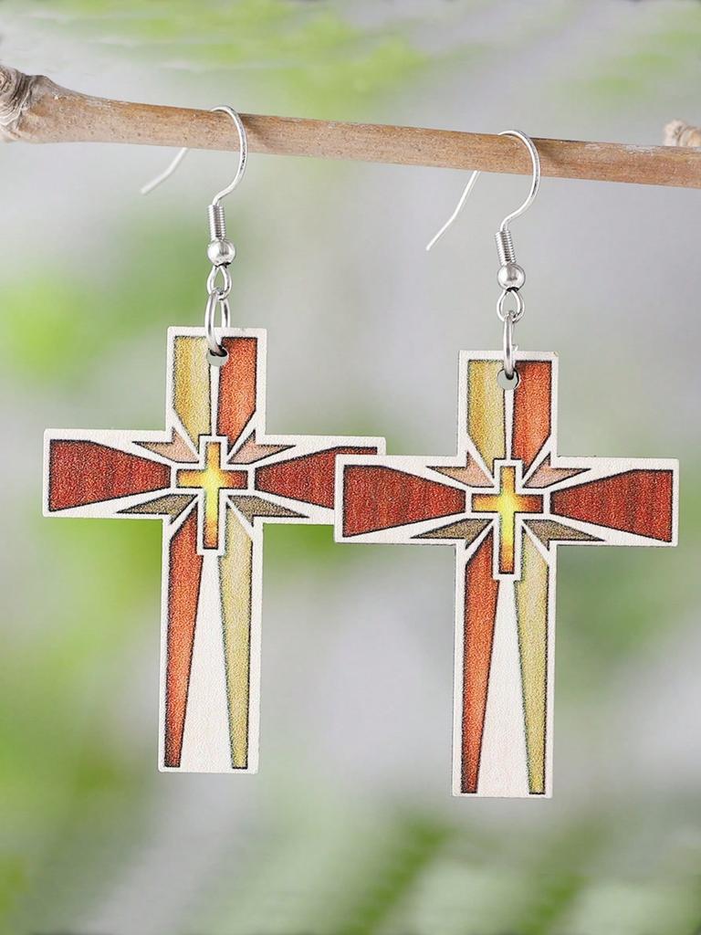 Fashionable Women's Flower Painting Cross Pendant Earrings with Wooden Hooks Hanging Earrings