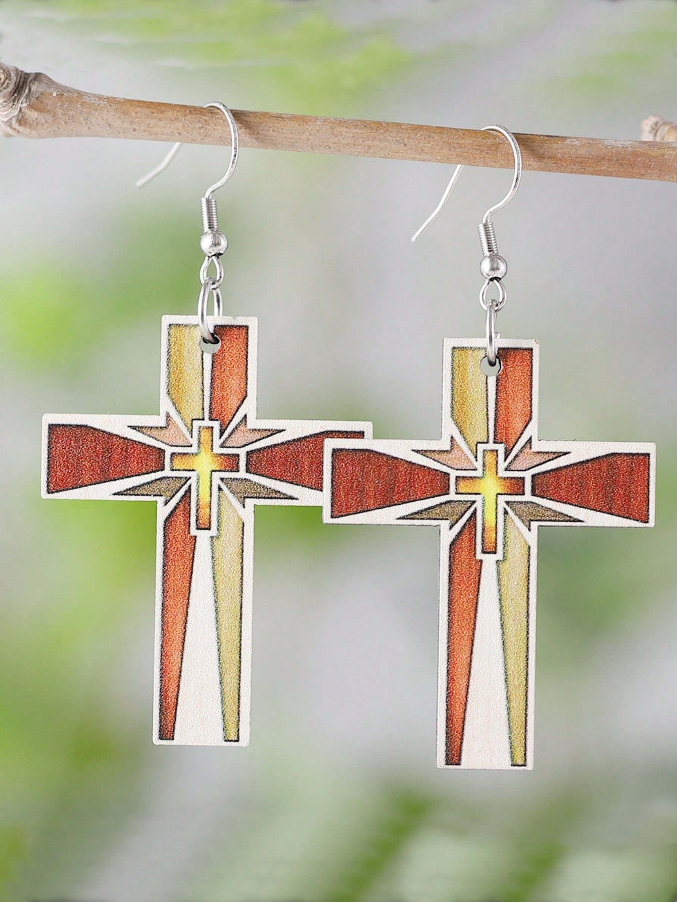 

Модные женские серьги-подвески с крестом и цветочной росписью, с деревянными крючками для подвешивания