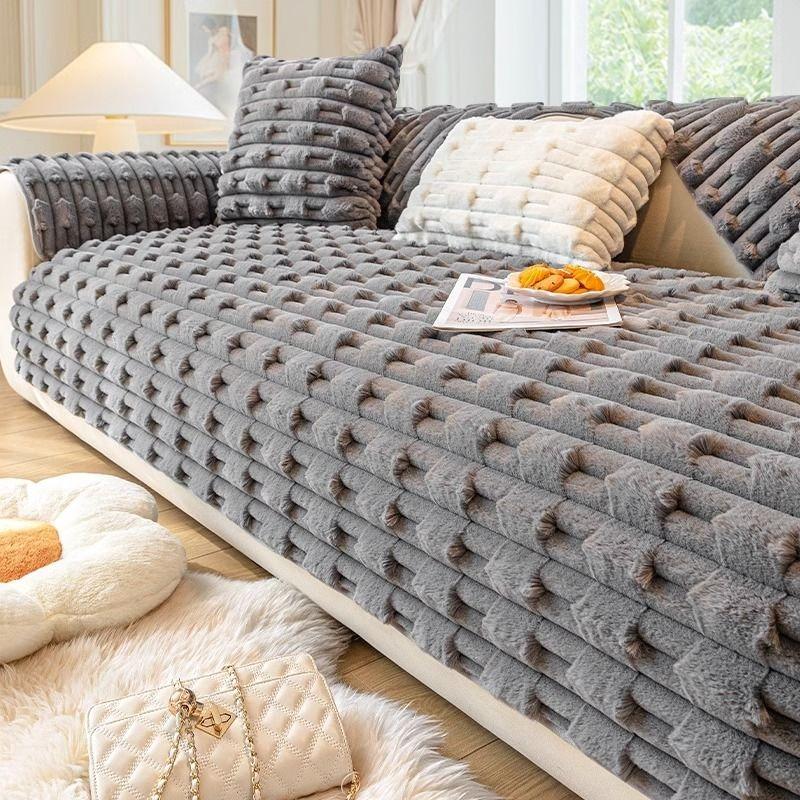 Rabbit Plush Sofa Cushion Couch Thickened Warm Sitting Mat In Winter Anti Slip Leather Sofa Cover Dust Cover Cloth Soft Hand Towel