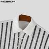 INCERUN Herren Reverskragen Kurzarm Gestreift Spitze Patchwork Lässig Oversized Hemden