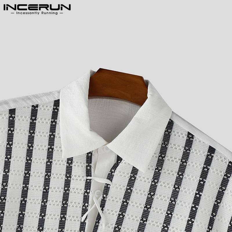 INCERUN Herren Reverskragen Kurzarm Gestreift Spitze Patchwork Lässig Oversized Hemden