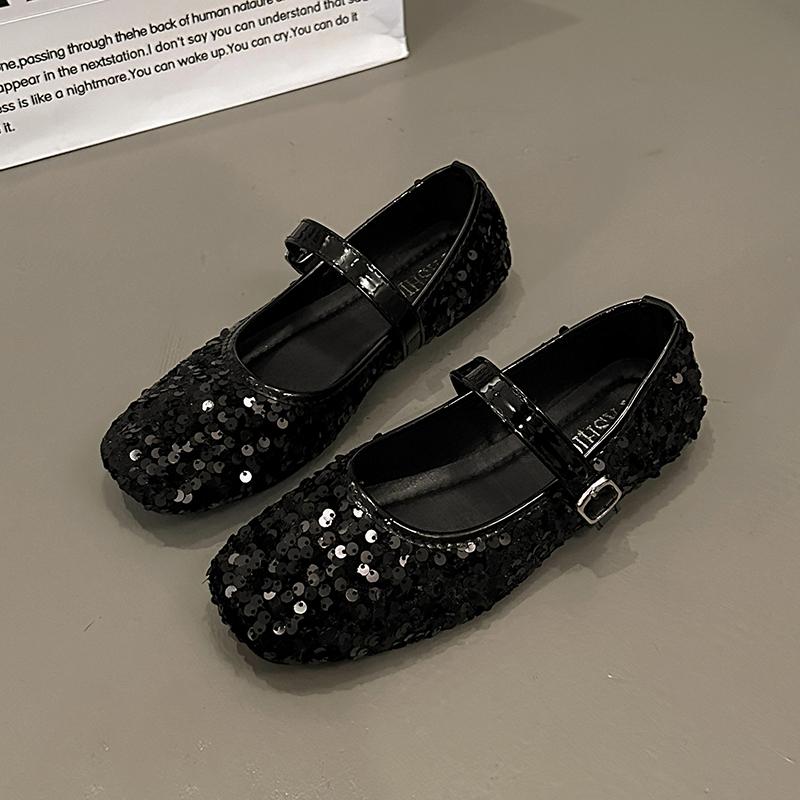 Sequin Mary Jane Shoes Women's Spring and Summer New Round Toe Shallow Mouth Flat Slip Single Shoes