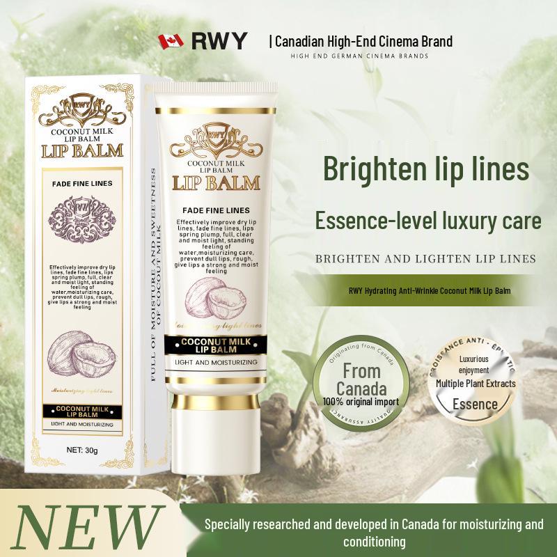 RWY Coconut Milk Anti-Wrinkle Lip Balm: Hydrates, plumps, reduces lip lines with plant extracts.