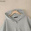 ZANZEA Damen Kapuze Einfarbig Kurzarm Reißverschluss High-Low Bluse T-Shirts