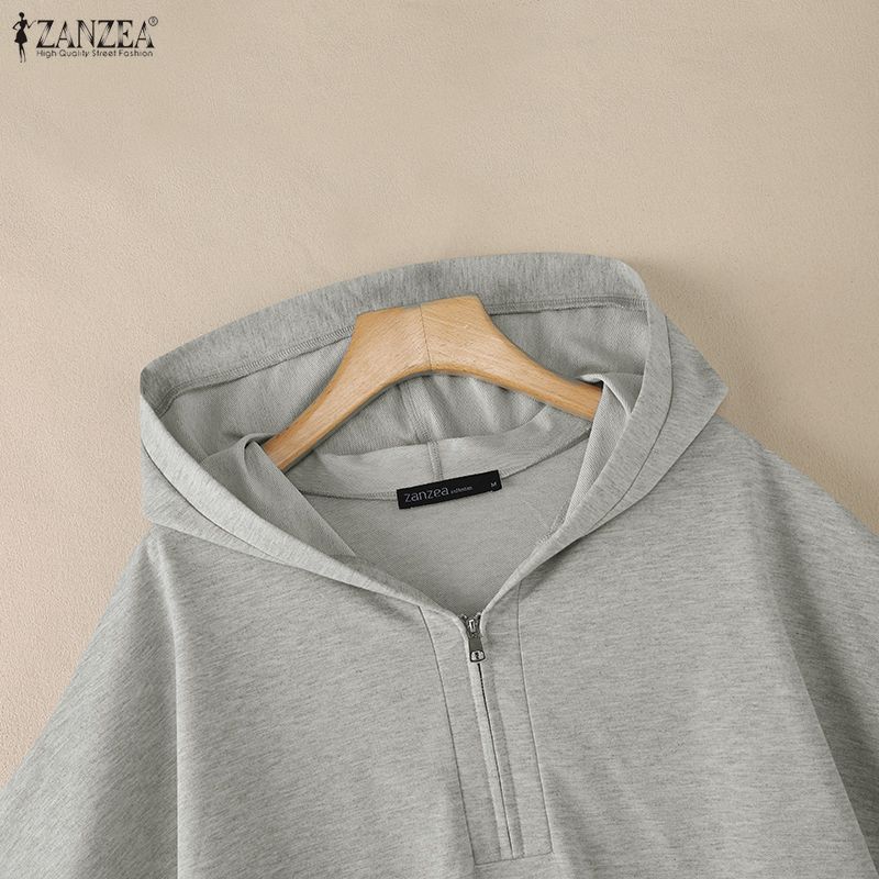 ZANZEA Damen Kapuze Einfarbig Kurzarm Reißverschluss High-Low Bluse T-Shirts