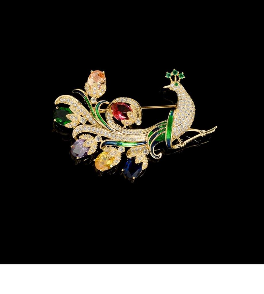 Inlaid Colored Diamond Peacock Brooch: Luxurious Retro Palace Style with Pearlescent Elegance