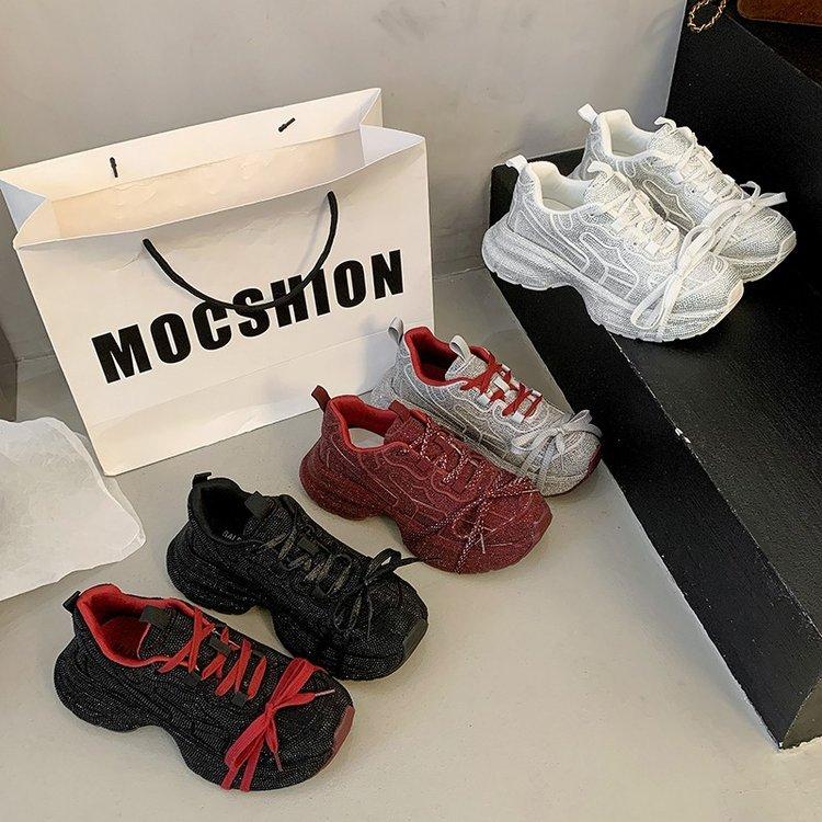 European Ankara Red Full Diamond Dad Shoes Women 2025 New Versatile Platform-soled Sports Shoes Fried Street Casual Shoes Tide