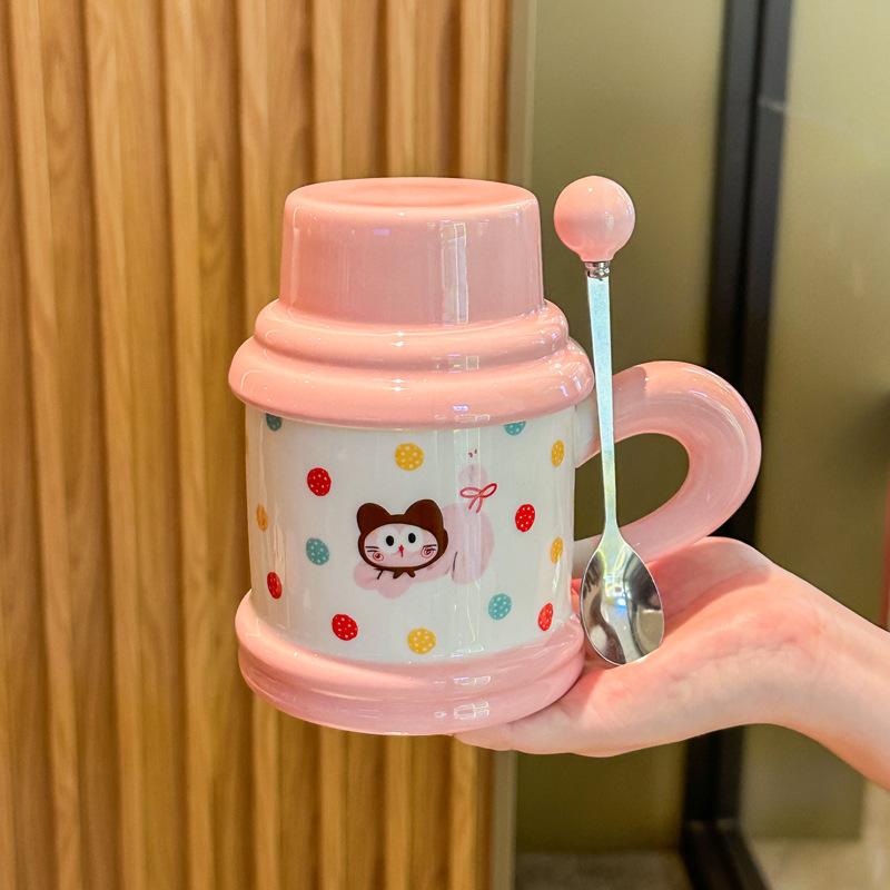 Cute and high-value puppy mug with lid spoon cartoon kitten ceramic cup for girl classmates birthday gift
