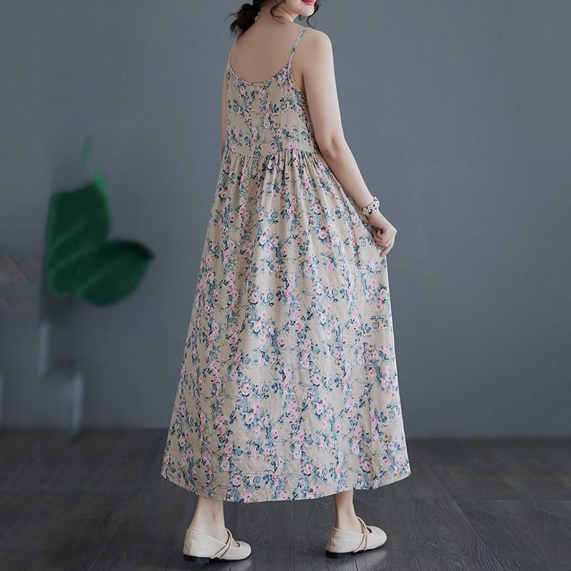 Sleeveless Strap Cotton Plus Size Vintage Floral New In Dresses For Women Casual Loose Long Summer Dress