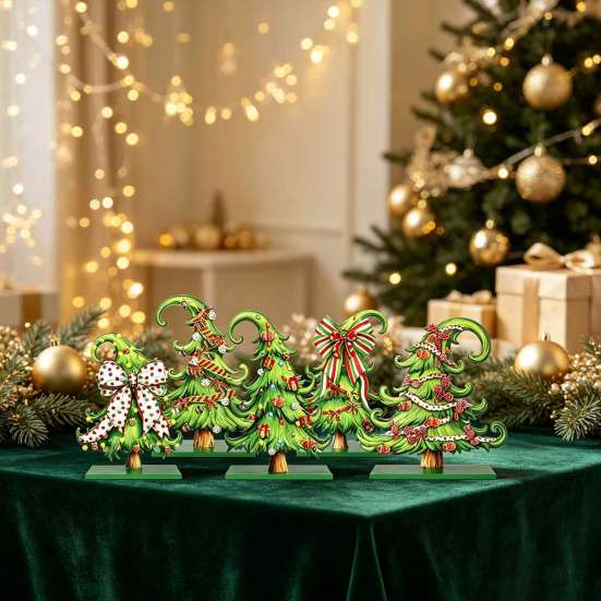 Tiered Tray Christmas Decor 5 Pcs Wooden Tabletop Tree Signs, Rustic Standing Green Craft Ornaments Desktop Ornament with Curly Topper for Winter