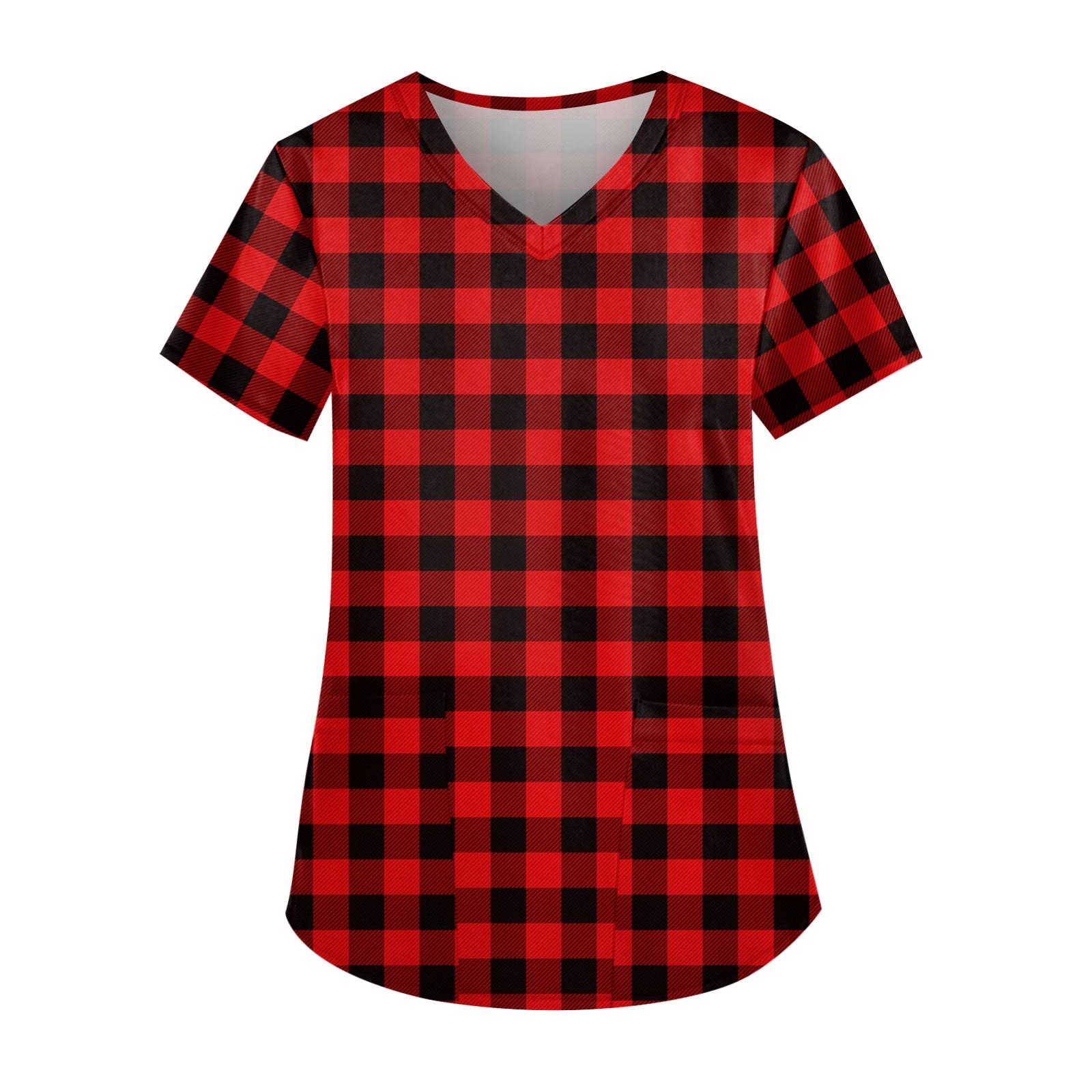 

Женская симпатичная рабочая одежда с принтом, V-образным вырезом, двухслойными карманами, базовым коротким рукавом, пуловером на Рождество XXXL красный