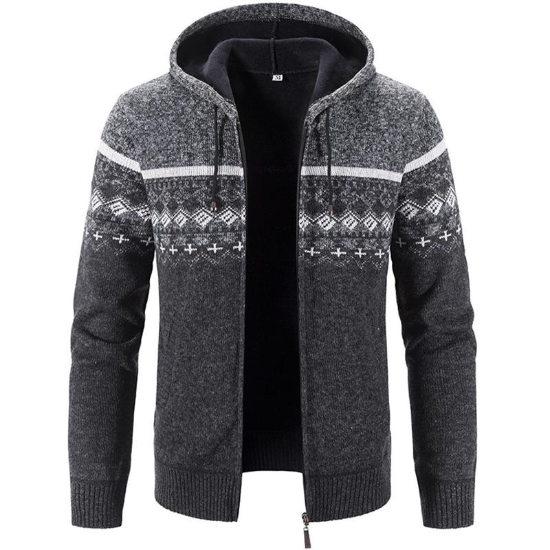 Men's Autumn Winter Zippered Hooded Sweater Cardigans - Thick Patterned Warm Knitwear for Casual Style