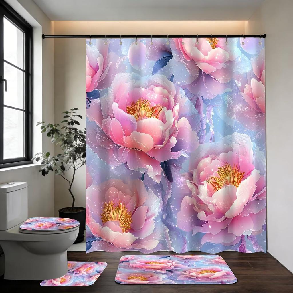 4Pcs Shower Curtain Set with Non-Slip Bath Mat, Toilet Lid Cover, Contour Rug & 12 Hooks, Bathroom
