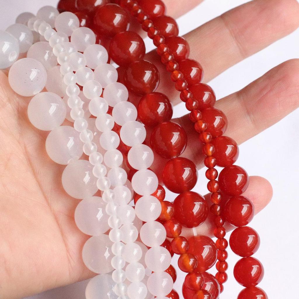 Grade A 4-14mm White & Red Agate Chalcedony Round Beads for Handmade Jewelry DIY