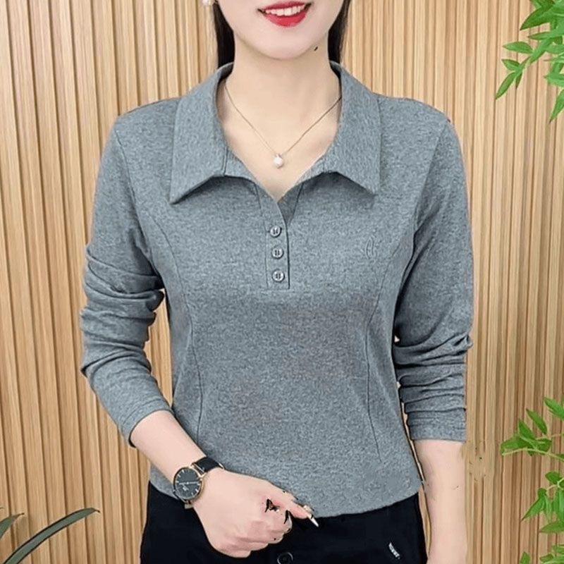 Spring and Autumn Fashionable Western-style T-shirt for Women, Simple Solid Color Lapel, Long Sleeved Embroidery for Slimming, POLO Collar Base