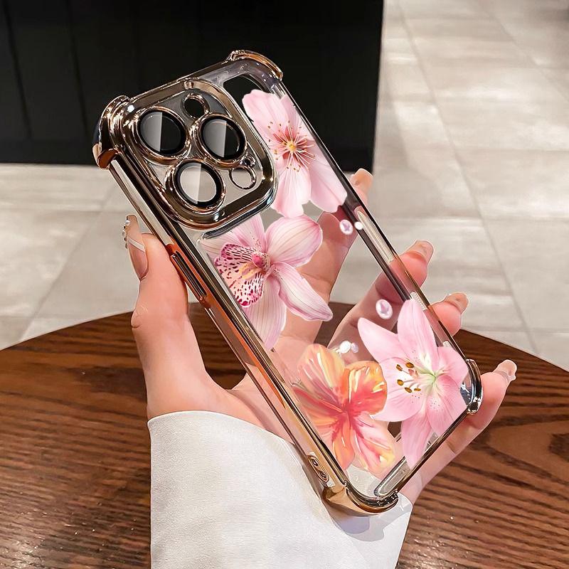 Case For iPhone 14 13 Pro Max 6 7 8 Plus 17 Air X XR XS Max Plating Violet Flowers Shockproof Transparent Soft Cover
