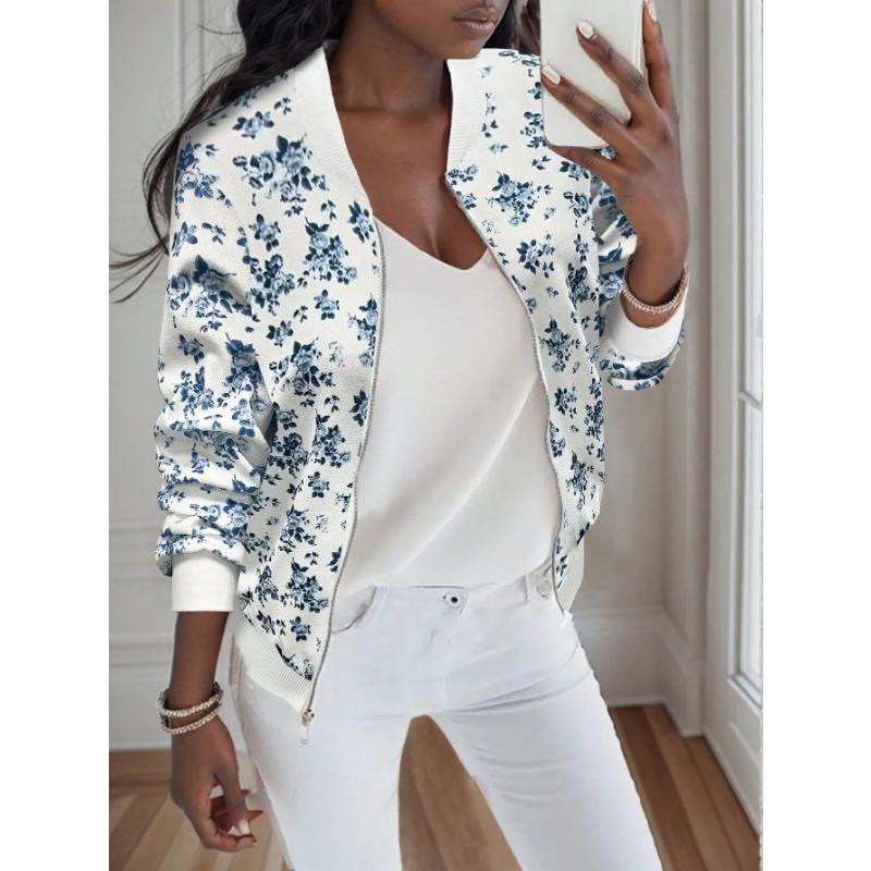 Women S Zip Up Printed Turn Down Collar Jacket Casual Commute Outerwear