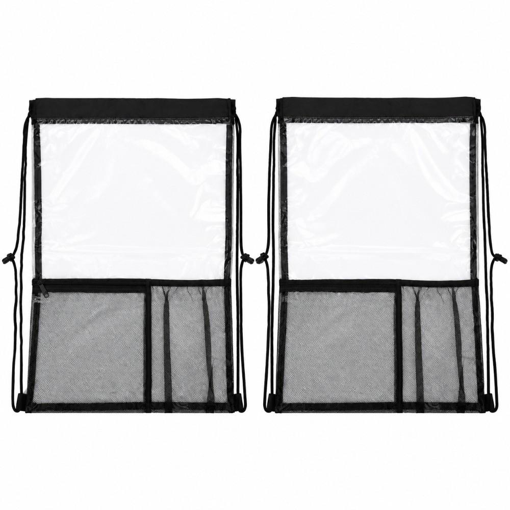 2 Pack Black Transparent Cinch Bag Mesh Pocket See Through Pouch Drawstring Backpack Concerts