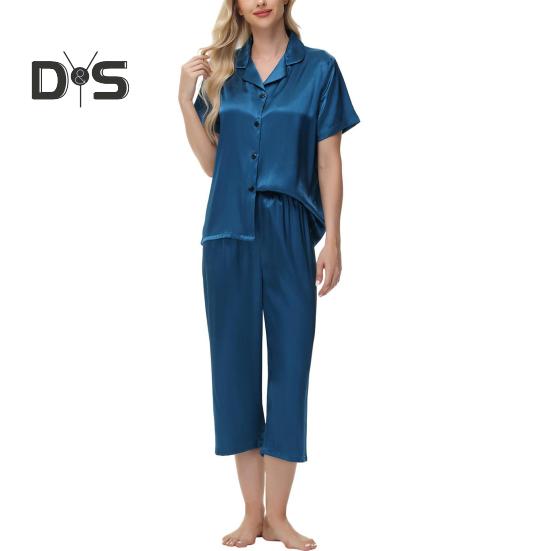 2-teiliges Set aus Seidenpyjama mit Revers und Button-Down-Langarmhemd, elastischer Bund, weites Bein, verkürzte Hose, Homewear, lässiges Outfit, Frühlingsnachtwäsche
