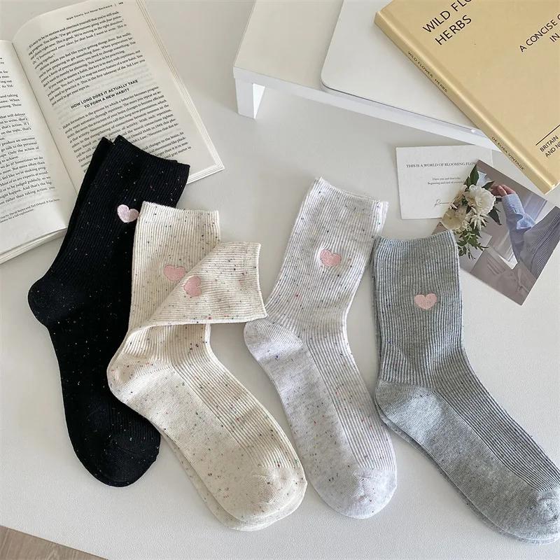 Korean Style Fashion Vertical Striped Slouch Socks Women Polka Dot Embroidered Heart Socks Cute Colorful Dots Cotton Ankle Sock