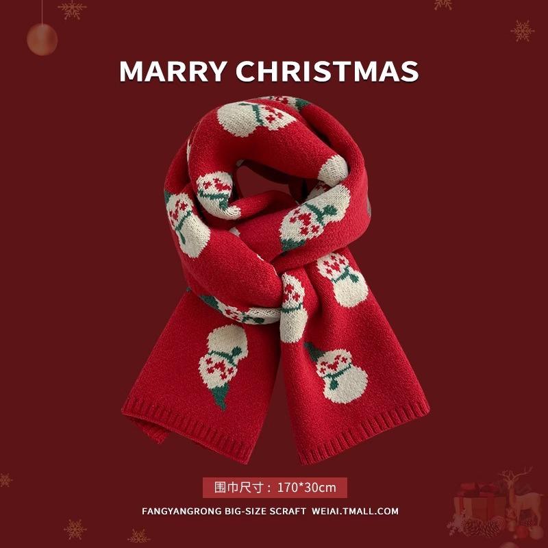 Red Christmas Tree Knitted Scarf Female Autumn and Winter Warm Green Wool Student Couple Christmas Gift Scarf Versatile
