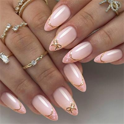 Golden Edged Press On Nail French Manicure Bows Decorated Almond Tips Easy Application Practical ABS False Nail