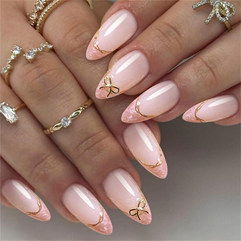 

Golden Edged Press On Nail French Manicure Bows Decorated Almond Tips Easy Application Practical ABS False Nail 1