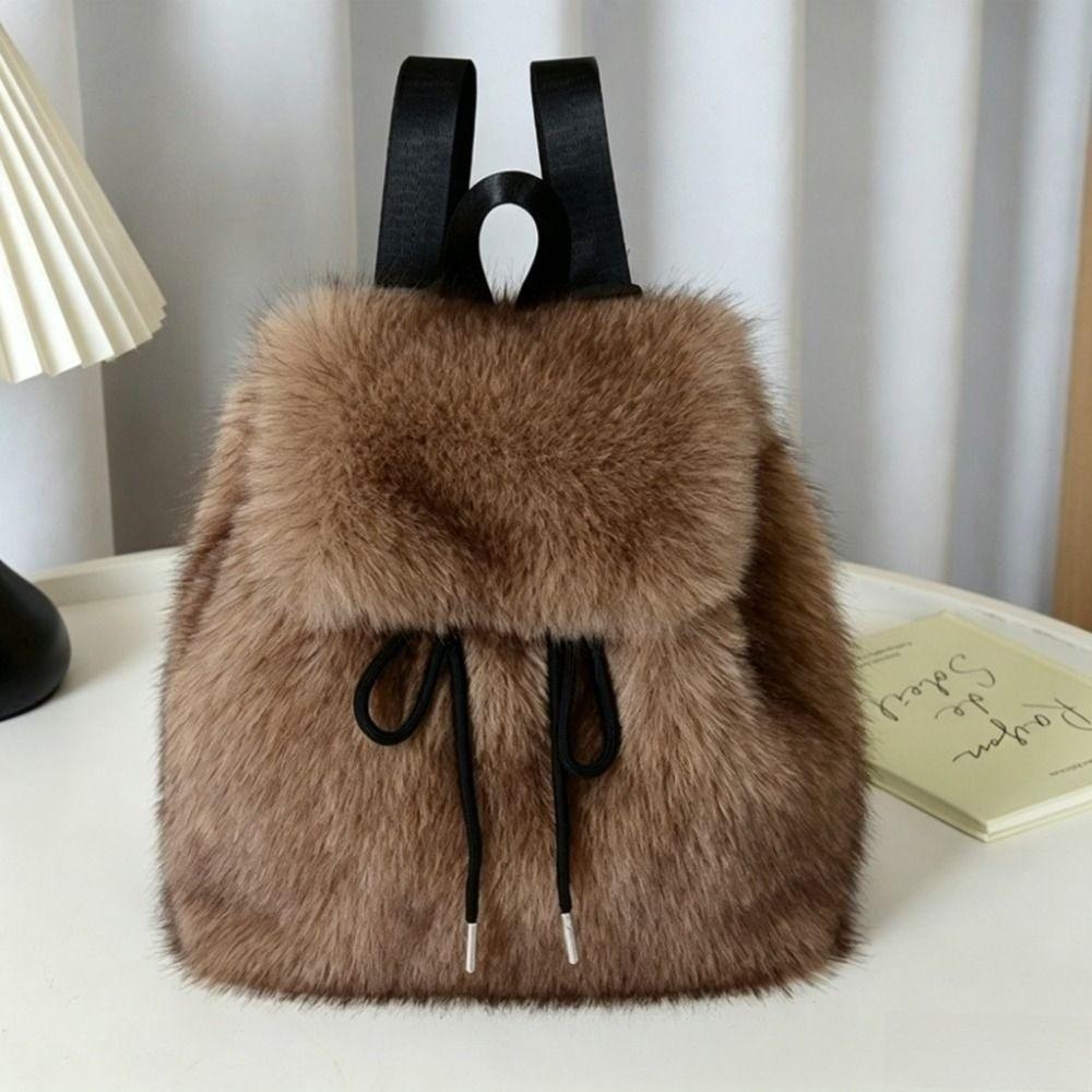 Drawstring Mini Daypack Adjustable Closure Plush Knapsack Y2k Fashion Faux Fur Backpack Travel