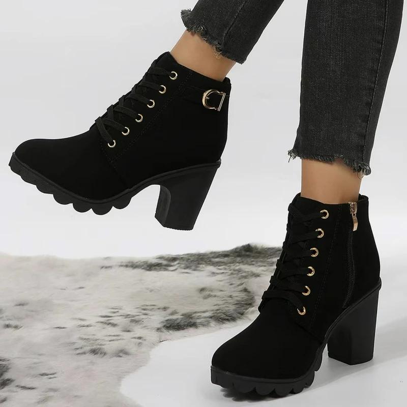 Fashion Women Boots Lace Up Ankle Boots Spring Fashion Outdoor Pumps Boots Black Buckle High Heel Boot Plus Size Platform Women Shoes