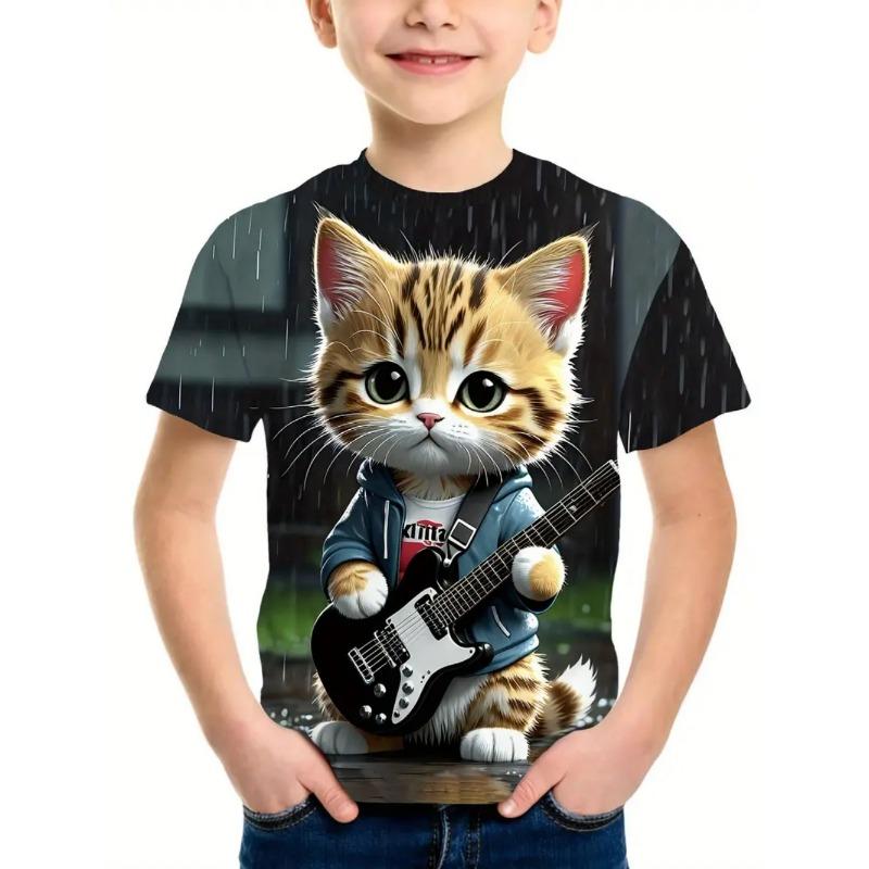 Hip Hop Cat Boys T-Shirt Cute 3D Print Boy Summer Short Sleeve Round Neck Casual Kid Top Outdoor Comfortable Children's Clothing