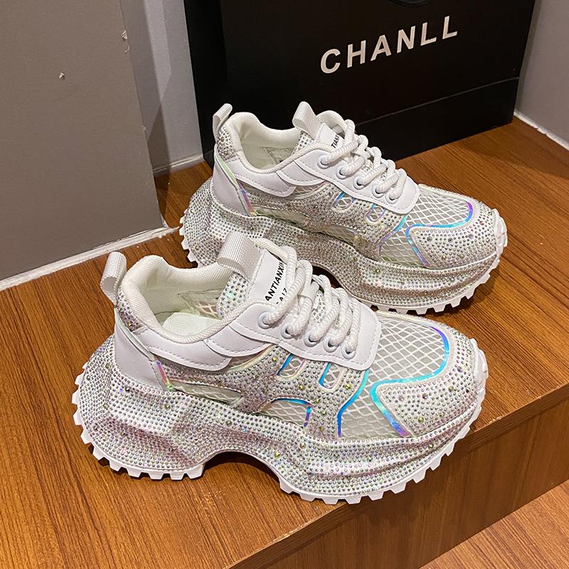 Fashion Luxury Designer Women's Shoes New Rhinestone Women's Sneakers Breathable Hollow Mesh Casual Platform Shoes Zapatos Mujer 7 Cm