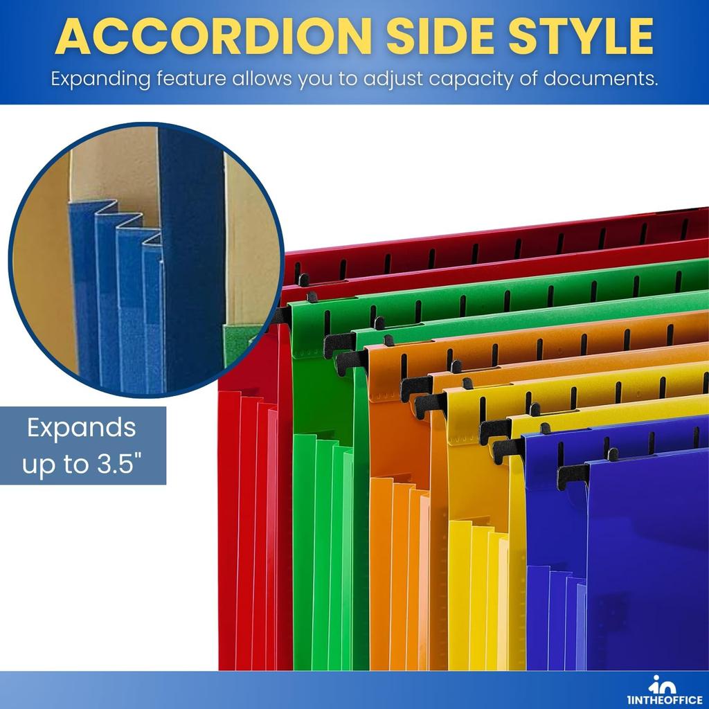 1InTheOffice Poly Expanding Hanging File Folders Letter Size, Hanging File Pocket, File Cabinet Dividers, Assorted, 5/Pack