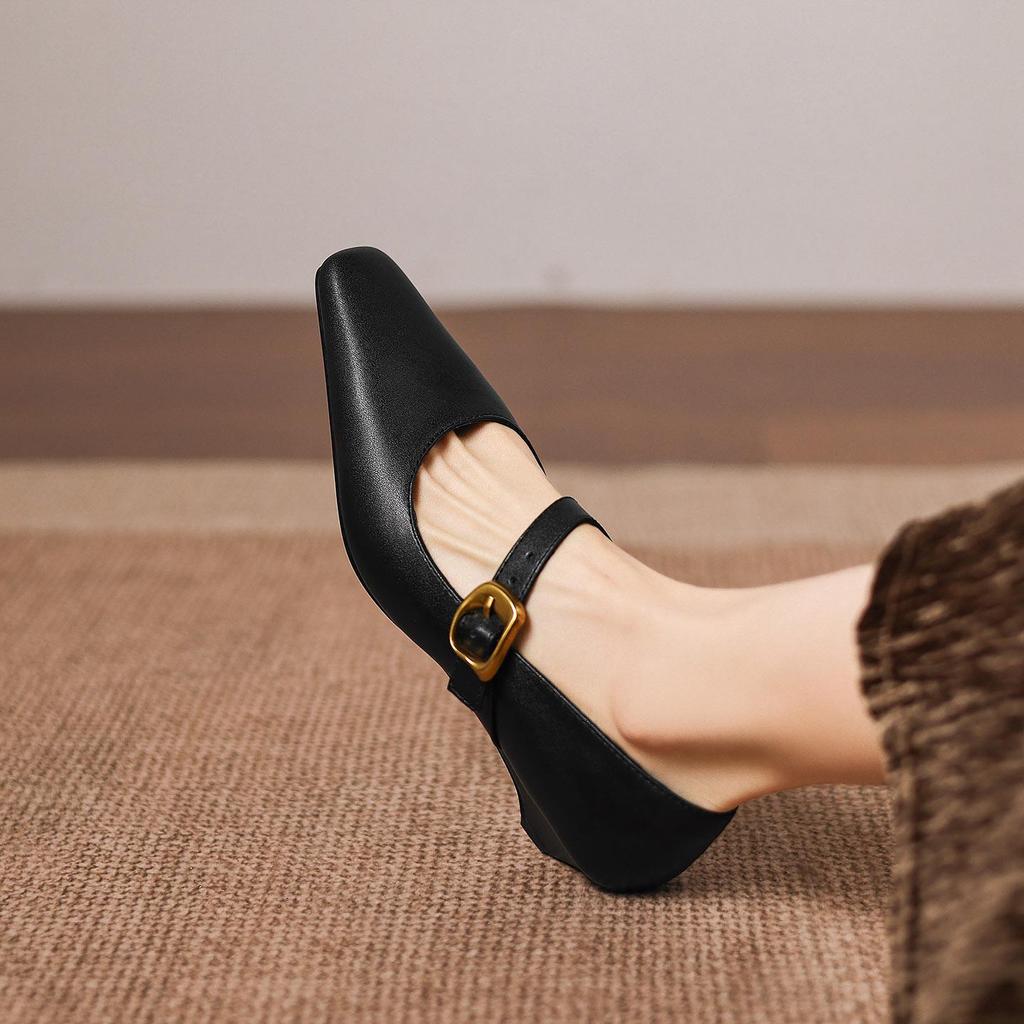 Krazing Pot Microfiber Square Toe Thick Med Heels Spring Summer Shoes Big Size 43 Metal Buckle Beauty Women Shallow Pumps