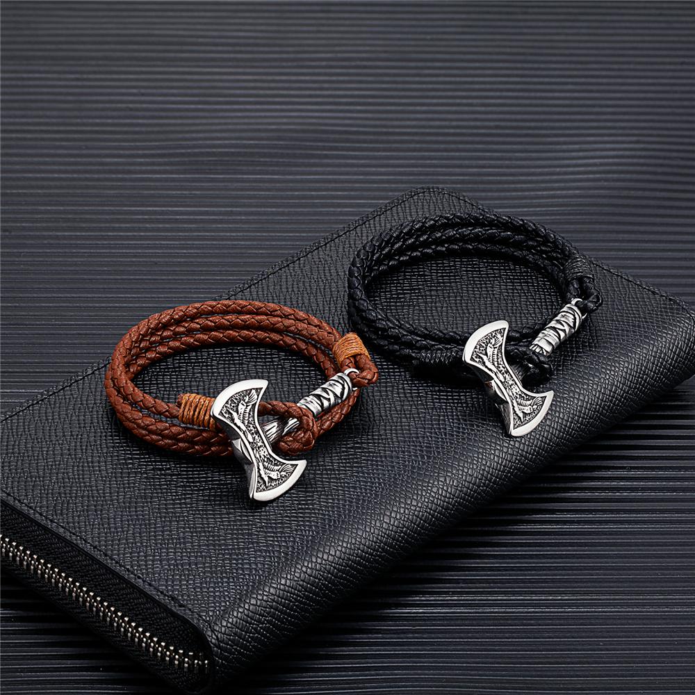 Norse Hatchet Leather Bracelets Men Vikings Axe Wristband Stainless Steel Raven Amulet Handmade Jewelry Self-defense