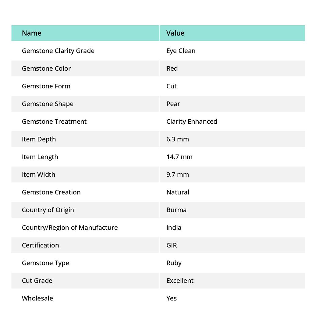 14x9mm Pear Cut CERTIFIED Natural Red Ruby Loose Gemstone For Jewelry Making