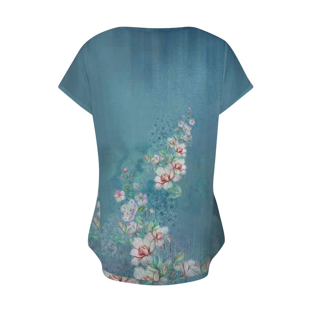 Women's Fashion Casual V-Neck Short Sleeve T-Shirt Pleated Printed Button-Up